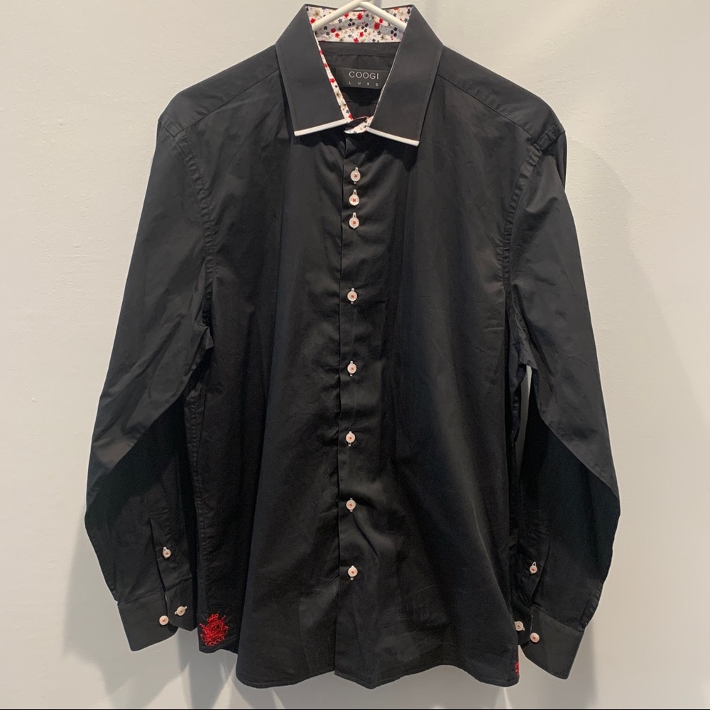 Coogi Luxe Men's Button Down Shirt Black with Floral Accents Size Large L